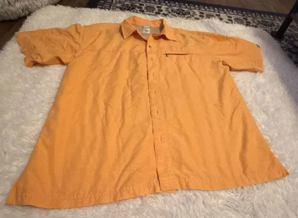 The North Face Men's Orange Plaid Short Sleeve Button-Down Vented Shirt